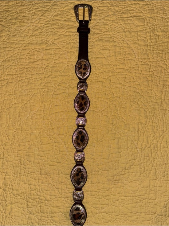Justin Brown Leather Concho Belt with Ornate Silver Western Buckle Animal Print